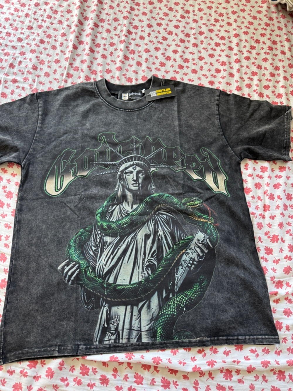 Godspeed- TOP 5 Slizzy Black Short Sleeve Tee with Green Statue & Snake Print